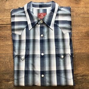 Lucky Brand Men’s Pearl Snap Button Up Long Sleeve Blue White Plaid Shirt Size L